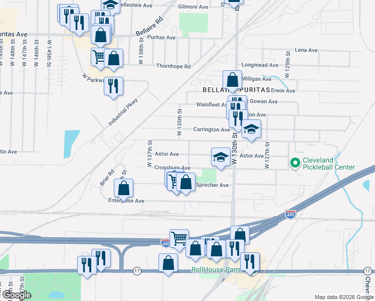 map of restaurants, bars, coffee shops, grocery stores, and more near 13411 Astor Avenue in Cleveland