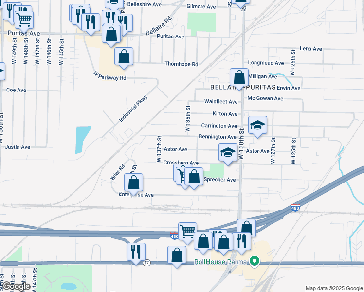 map of restaurants, bars, coffee shops, grocery stores, and more near 13512 Crossburn Avenue in Cleveland