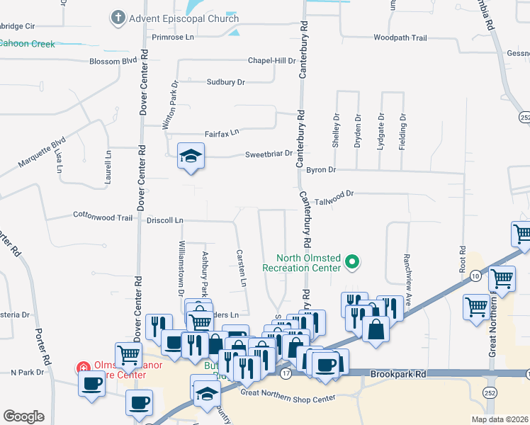 map of restaurants, bars, coffee shops, grocery stores, and more near 4399 Silverdale Road in North Olmsted