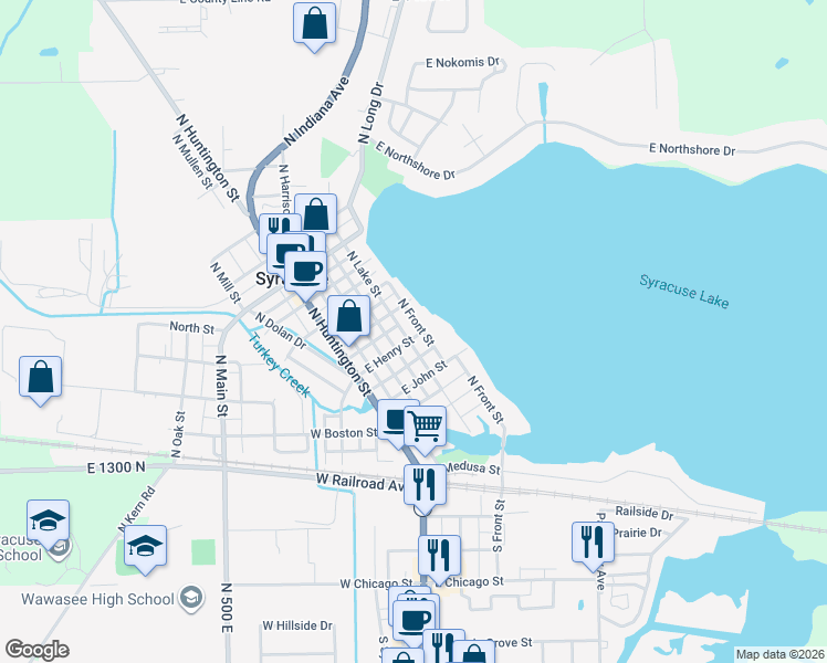 map of restaurants, bars, coffee shops, grocery stores, and more near 307 North Front Street in Syracuse