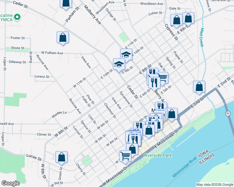 map of restaurants, bars, coffee shops, grocery stores, and more near 706 Iowa Avenue in Muscatine