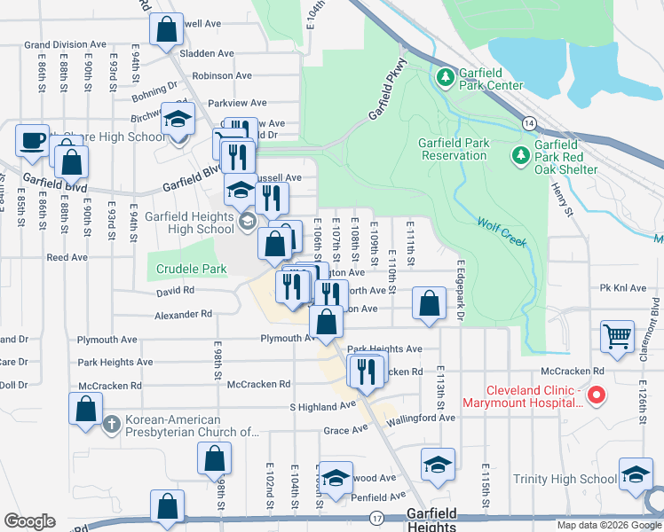 map of restaurants, bars, coffee shops, grocery stores, and more near 10621 Wadsworth Avenue in Garfield Heights