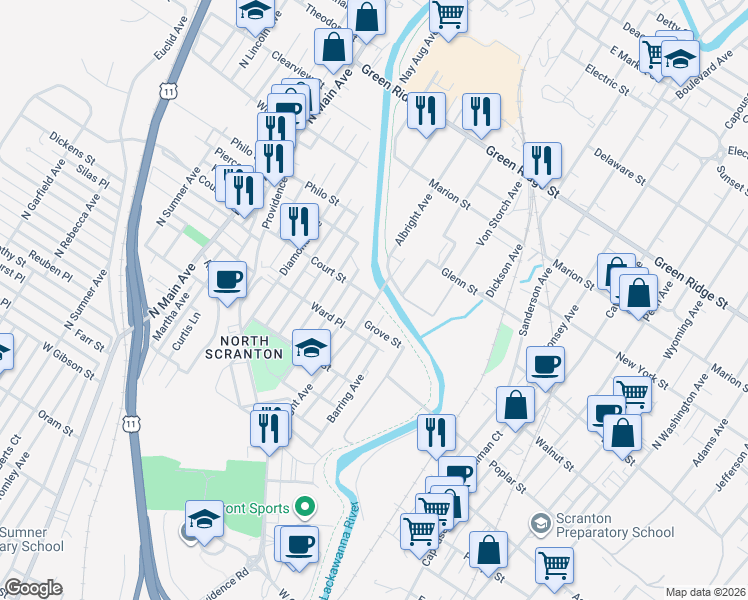 map of restaurants, bars, coffee shops, grocery stores, and more near 354 Grove St in Scranton