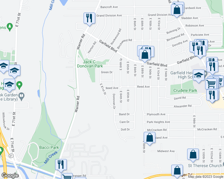 map of restaurants, bars, coffee shops, grocery stores, and more near 4904 Donovan Drive in Garfield Heights