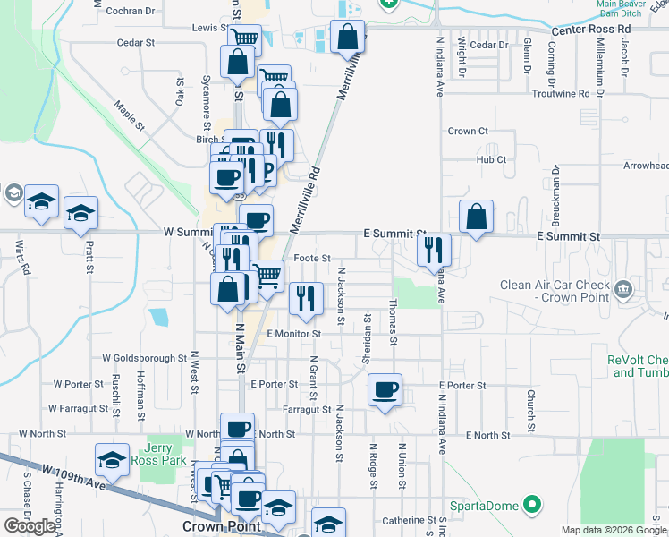map of restaurants, bars, coffee shops, grocery stores, and more near 410 Foote St in Crown Point