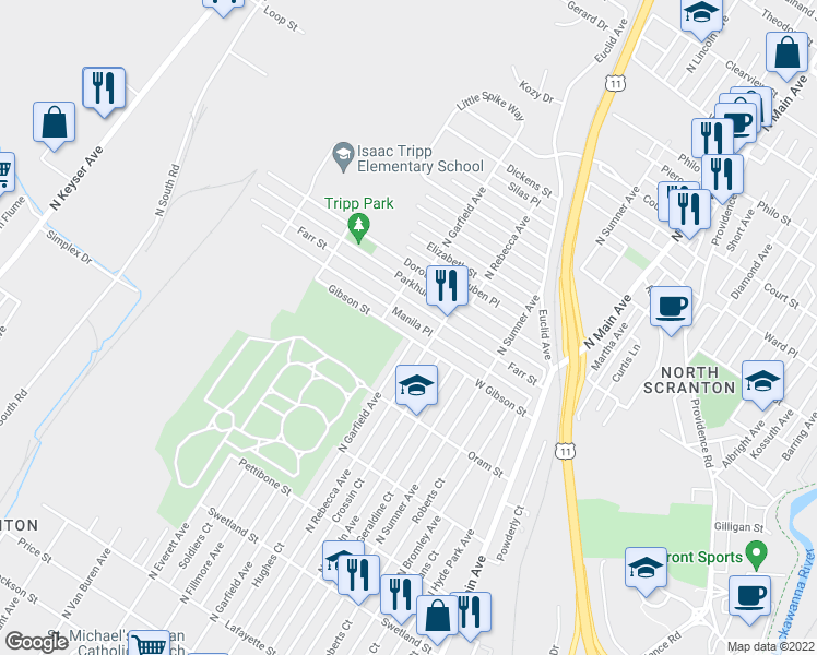map of restaurants, bars, coffee shops, grocery stores, and more near 1632 West Gibson Street in Scranton