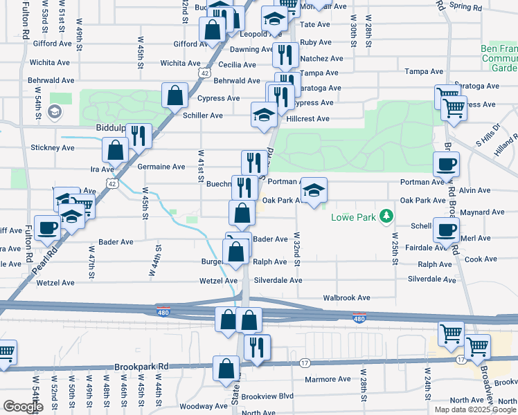 map of restaurants, bars, coffee shops, grocery stores, and more near 4682 State Road in Cleveland