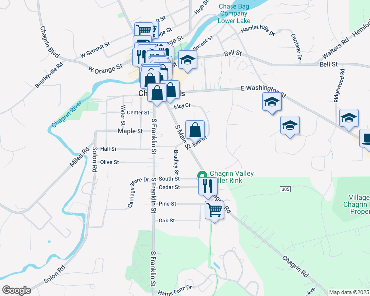 map of restaurants, bars, coffee shops, grocery stores, and more near 140 South Main Street in Chagrin Falls