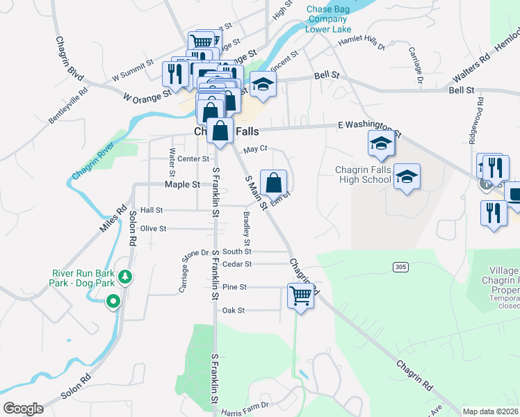 map of restaurants, bars, coffee shops, grocery stores, and more near 129 South Main Street in Chagrin Falls