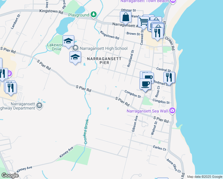map of restaurants, bars, coffee shops, grocery stores, and more near 106 Robinson Street in Narragansett