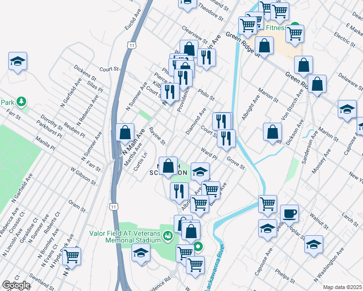 map of restaurants, bars, coffee shops, grocery stores, and more near 1110 Diamond Avenue in Scranton