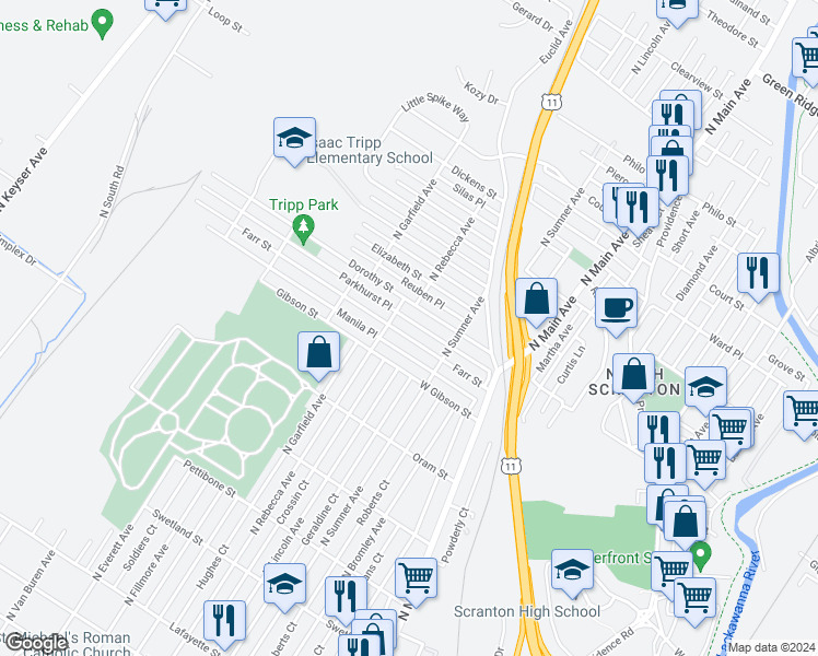 map of restaurants, bars, coffee shops, grocery stores, and more near 1527 Dorothy Street in Scranton