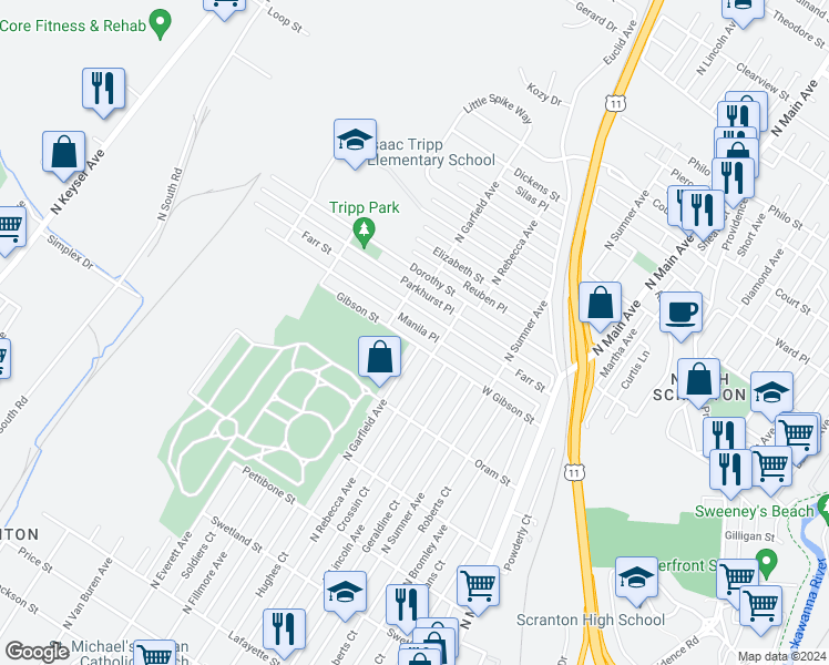 map of restaurants, bars, coffee shops, grocery stores, and more near 1701 Farr Street in Scranton