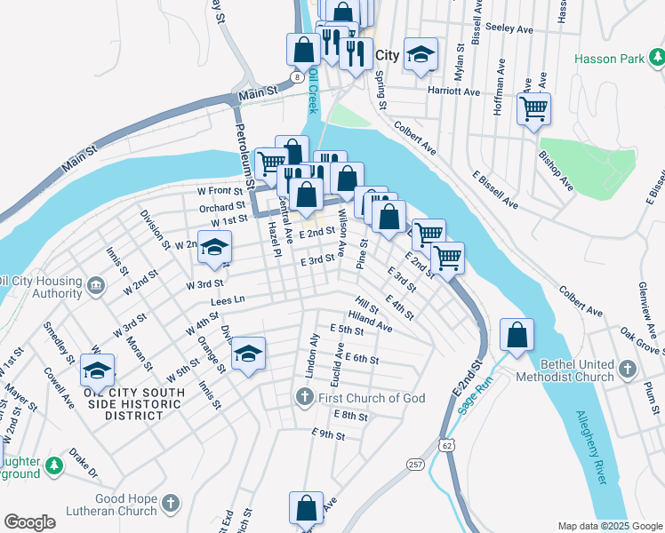 map of restaurants, bars, coffee shops, grocery stores, and more near 206 Wilson Avenue in Oil City