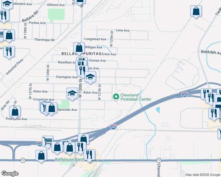 map of restaurants, bars, coffee shops, grocery stores, and more near 12420 Bennington Avenue in Cleveland