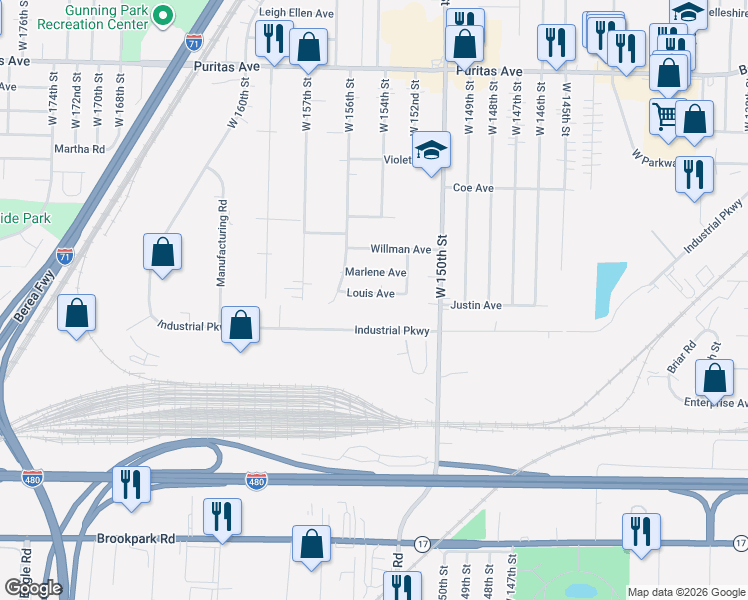 map of restaurants, bars, coffee shops, grocery stores, and more near 15401 Marlene Avenue in Cleveland