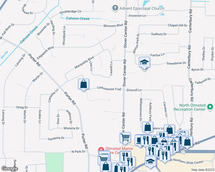 map of restaurants, bars, coffee shops, grocery stores, and more near 27527 Laurell Lane in North Olmsted