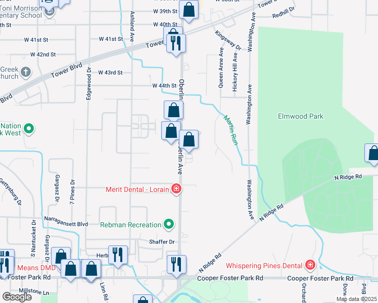 map of restaurants, bars, coffee shops, grocery stores, and more near 4751 Oberlin Avenue in Lorain