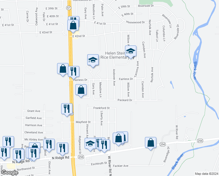 map of restaurants, bars, coffee shops, grocery stores, and more near 4621 Palm Avenue in Lorain