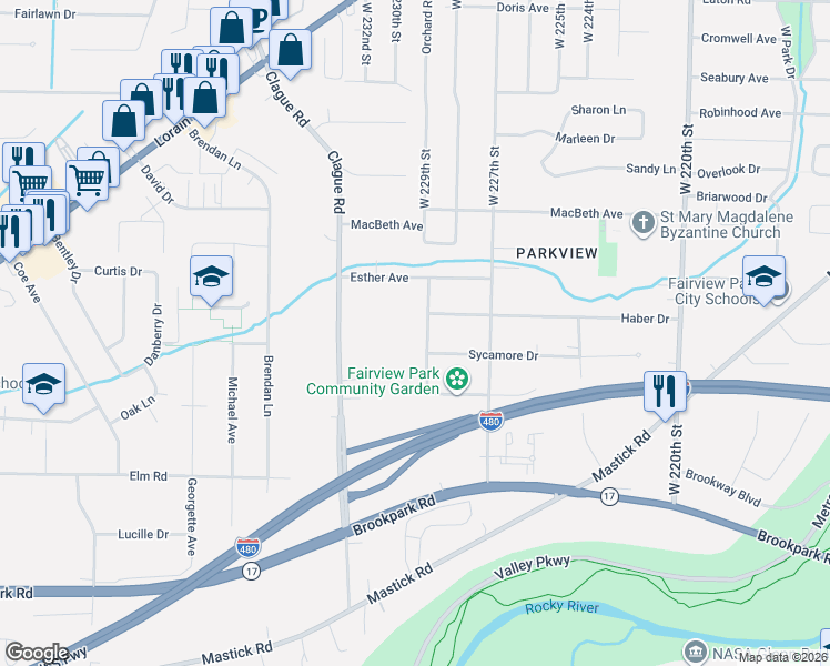 map of restaurants, bars, coffee shops, grocery stores, and more near 5590 West 229th Street in Fairview Park
