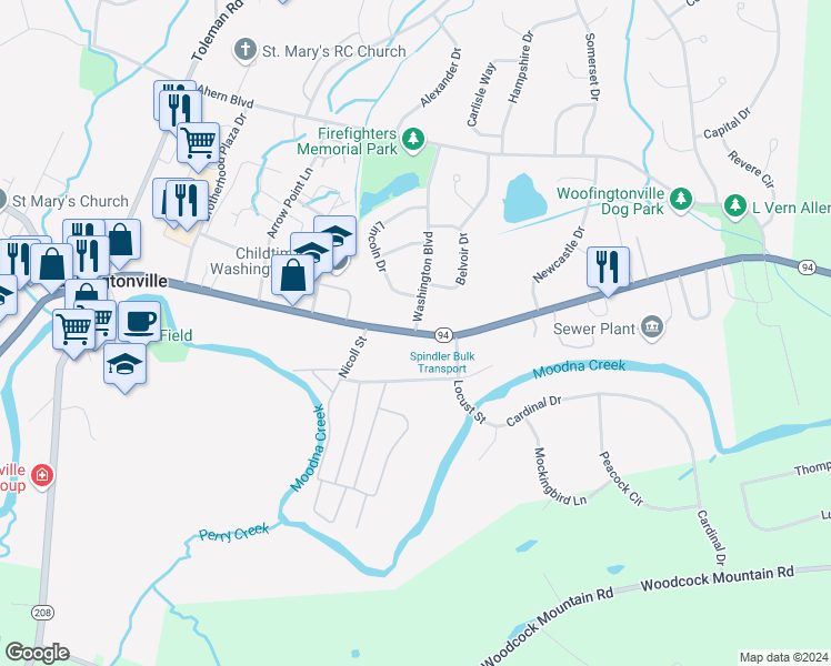 map of restaurants, bars, coffee shops, grocery stores, and more near East Main Street & Washington Boulevard in Washingtonville