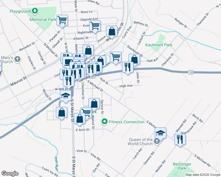 map of restaurants, bars, coffee shops, grocery stores, and more near 334 Kaul Avenue in Saint Marys