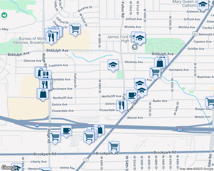 map of restaurants, bars, coffee shops, grocery stores, and more near 5620 Archmere Avenue in Cleveland