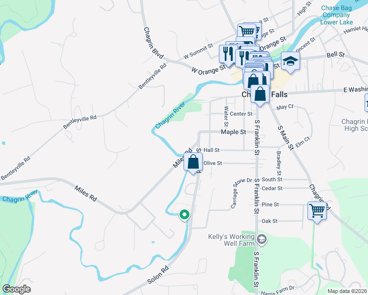 map of restaurants, bars, coffee shops, grocery stores, and more near 128 Miles Road in Chagrin Falls