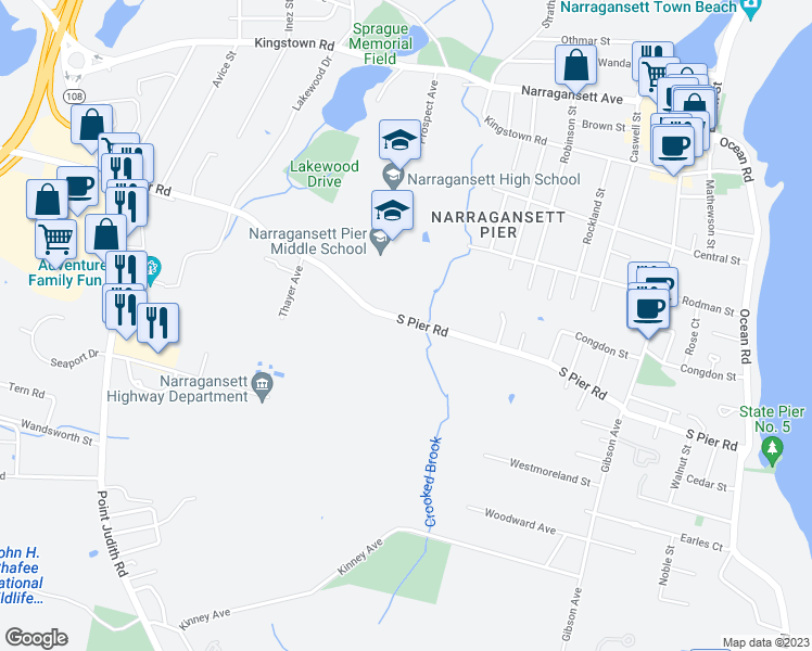 map of restaurants, bars, coffee shops, grocery stores, and more near 207 South Pier Road in Narragansett