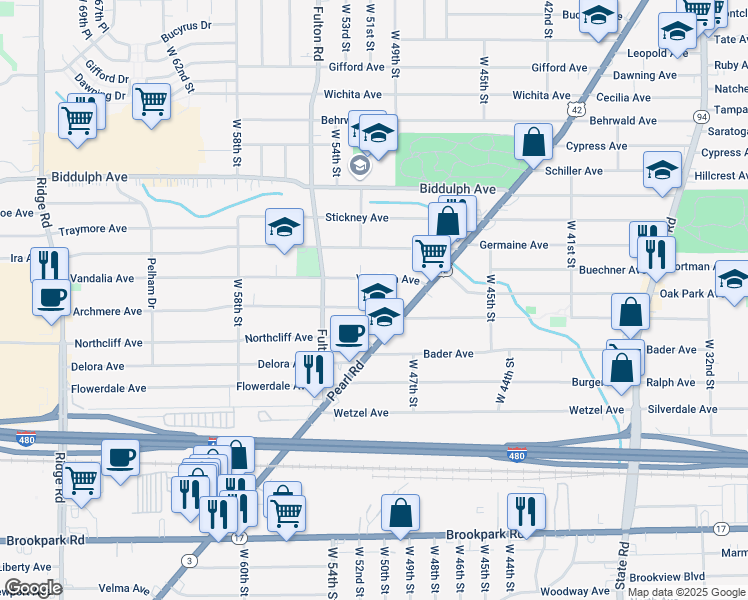 map of restaurants, bars, coffee shops, grocery stores, and more near 5109 Vandalia Avenue in Cleveland