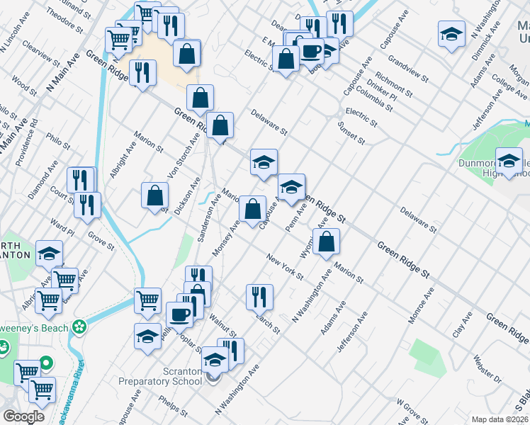 map of restaurants, bars, coffee shops, grocery stores, and more near 1514 Monsey Avenue in Scranton