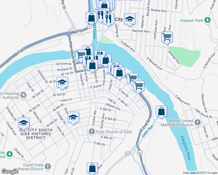 map of restaurants, bars, coffee shops, grocery stores, and more near 302 East 3rd Street in Oil City