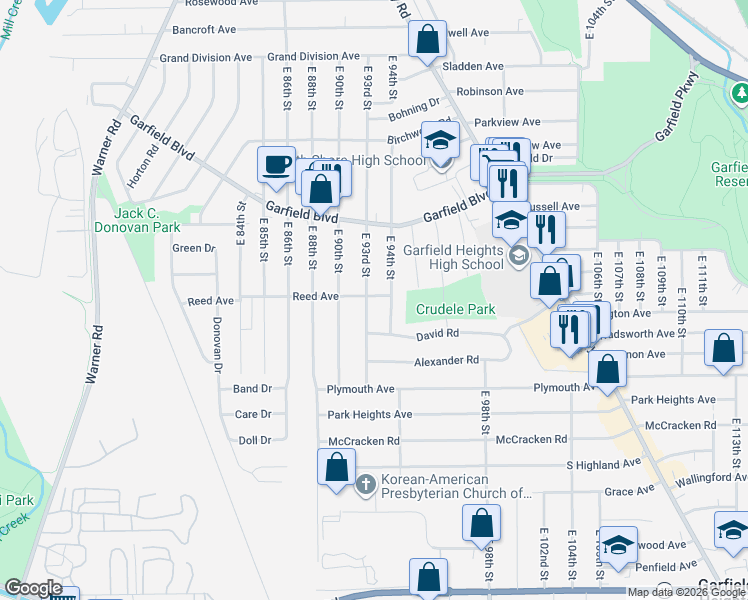 map of restaurants, bars, coffee shops, grocery stores, and more near 4867 East 93rd Street in Garfield Heights