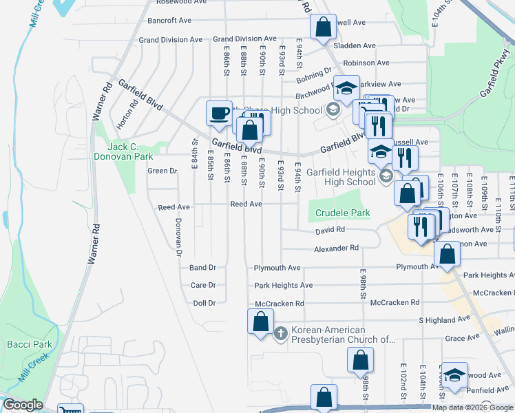 map of restaurants, bars, coffee shops, grocery stores, and more near 4865 East 90th Street in Garfield Heights