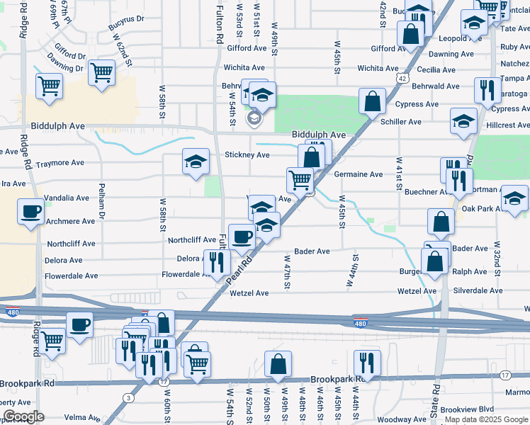 map of restaurants, bars, coffee shops, grocery stores, and more near 4815 Vandalia Avenue in Cleveland