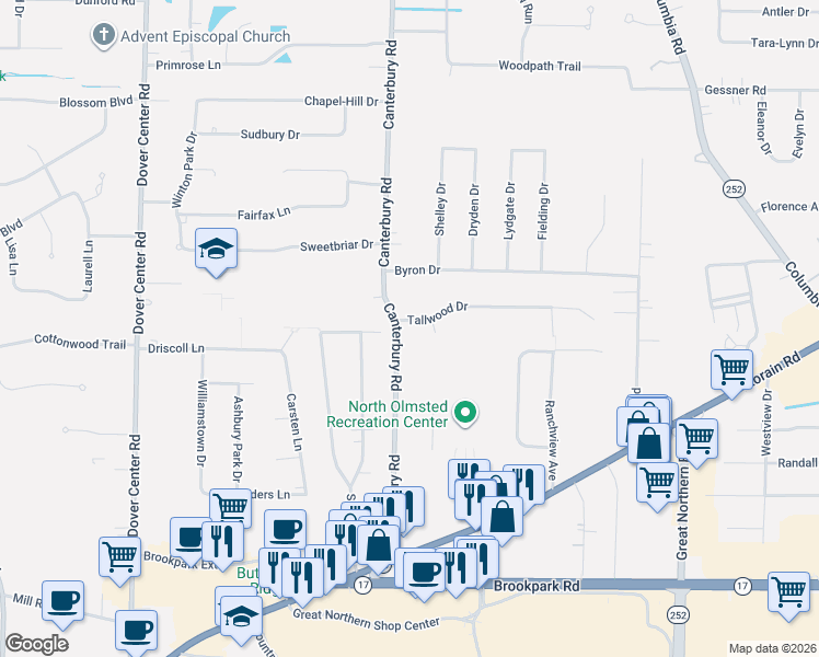 map of restaurants, bars, coffee shops, grocery stores, and more near 26148 Tallwood Drive in North Olmsted