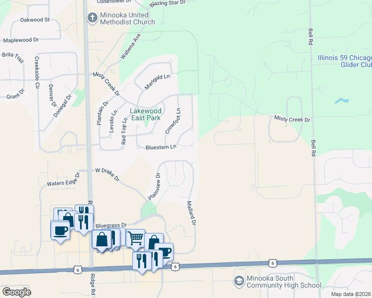 map of restaurants, bars, coffee shops, grocery stores, and more near 116 Fayette Court in Minooka