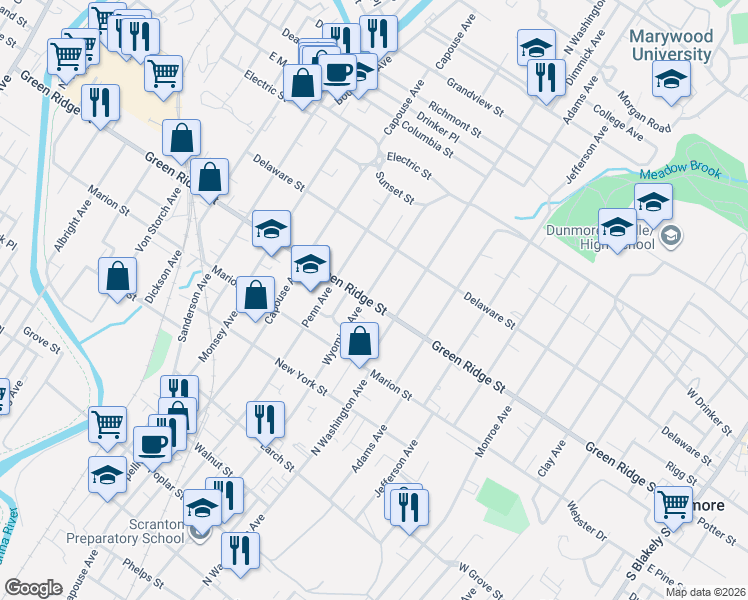 map of restaurants, bars, coffee shops, grocery stores, and more near 1603 Wyoming Avenue in Scranton