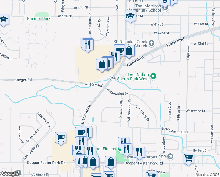 map of restaurants, bars, coffee shops, grocery stores, and more near 4725 North Leavitt Road in Lorain