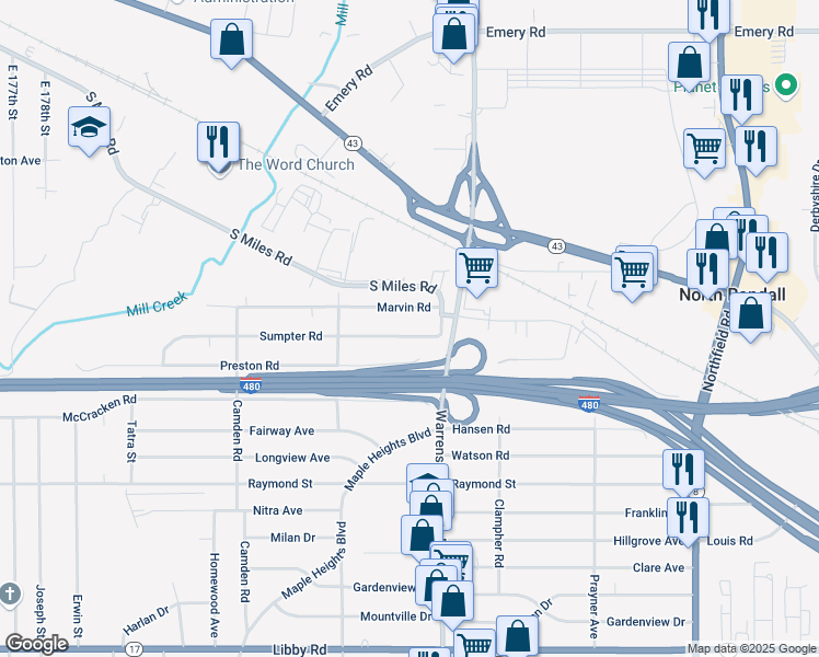 map of restaurants, bars, coffee shops, grocery stores, and more near 20116 Marvin Road in Warrensville Heights