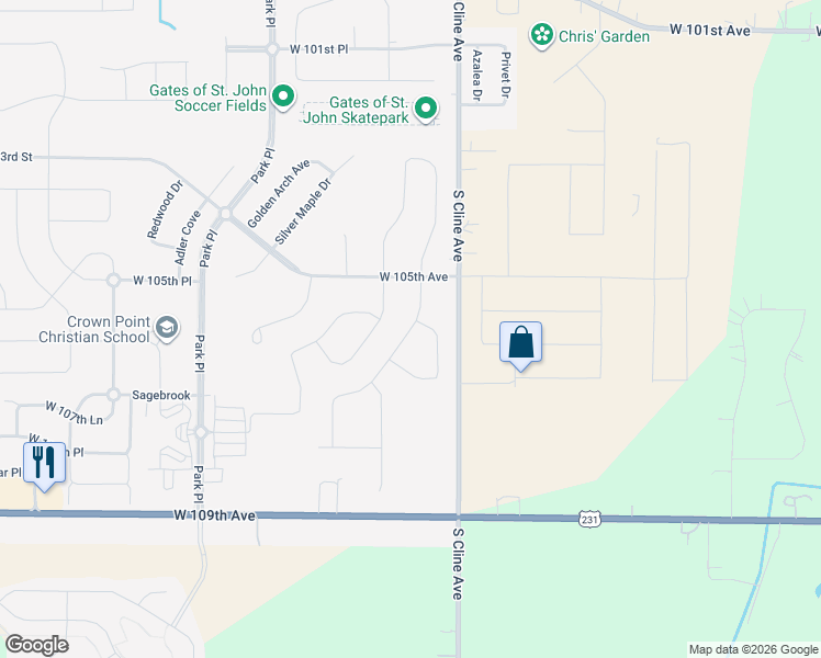 map of restaurants, bars, coffee shops, grocery stores, and more near 10564 Juniper Lane in Crown Point