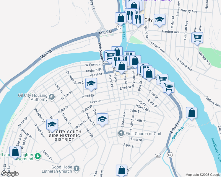 map of restaurants, bars, coffee shops, grocery stores, and more near 10 West 3rd Street in Oil City