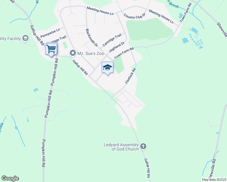 map of restaurants, bars, coffee shops, grocery stores, and more near 5 Flintlock Road in Ledyard