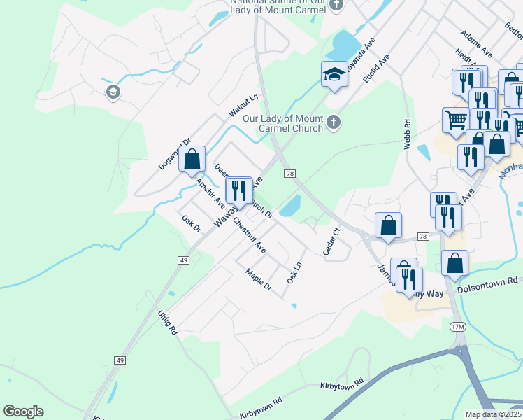 map of restaurants, bars, coffee shops, grocery stores, and more near 1 Birch Court in Middletown