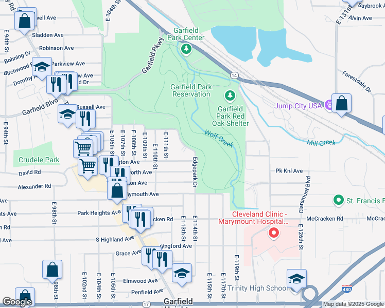 map of restaurants, bars, coffee shops, grocery stores, and more near 4944 Edgepark Drive in Garfield Heights