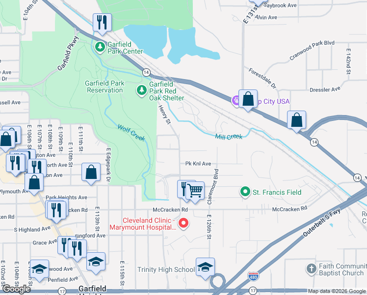 map of restaurants, bars, coffee shops, grocery stores, and more near 4944 Henry Street in Garfield Heights