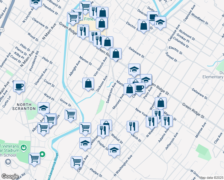 map of restaurants, bars, coffee shops, grocery stores, and more near 1441 Sanderson Avenue in Scranton
