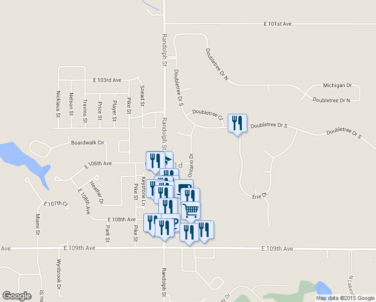 map of restaurants, bars, coffee shops, grocery stores, and more near 10554 Ontario Drive in Crown Point