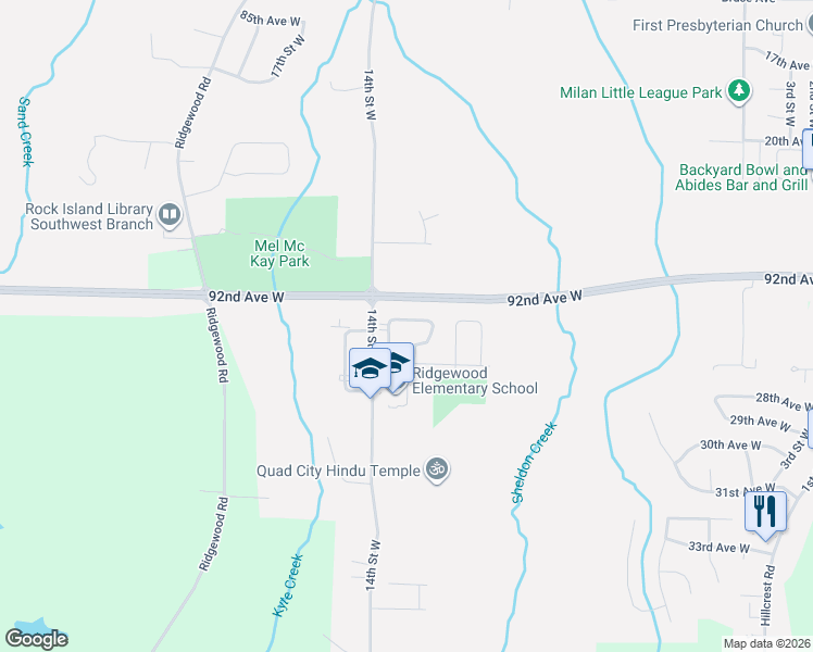 map of restaurants, bars, coffee shops, grocery stores, and more near 1313 94th Avenue West in Rock Island