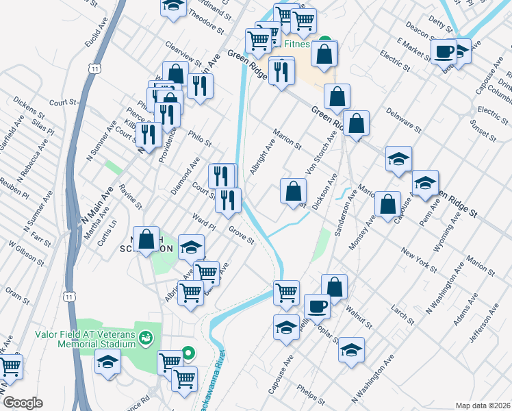 map of restaurants, bars, coffee shops, grocery stores, and more near 1364-1370 Albright Avenue in Scranton
